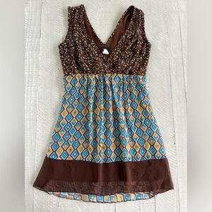 Vintage Vanity Babydool Brown & Blue Sleeveless Dress | Top size Small